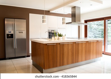 Conception of modern kitchen with household goods