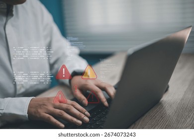 Concepts of cybersecurity alert software system error, businessman hand typing using laptop with digital warning signs and error notifications, malware attack computer problem data protection