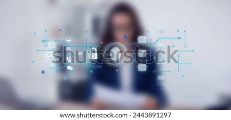 concepts. cybersecurity. Computer data protection software hologram. defocused woman background