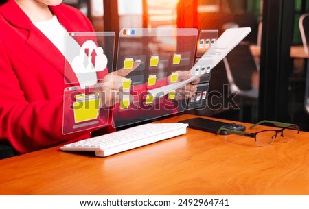 concepts of documents and information in the cloud. business woman securely and neatly stores important business documents and information. digital technology and cloud servers