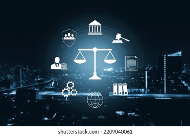 Concepts of law, order, regulation and digital justice, Judgment, Legislature, Litigation, Civil Rights and Social Justice, Cityscape at night.