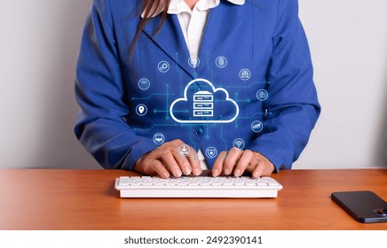 concepts of storing information securely in the cloud. business woman stores business information on online servers. hologram with corporate computer icons - Powered by Shutterstock - Get 15% off with code: PIKWIZARD15