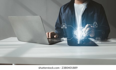 Concepts of uploading data to the cloud, storing data in an online database for easy retrieval, renting cloud database services, storing important corporate data, uploading work.