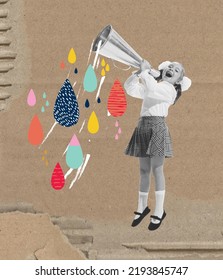 Conceptual art collage with cheerful school age girl shouting at megaphone isolated on grey paper effect background. Education, studying, back to school concept. Copy space for ad.