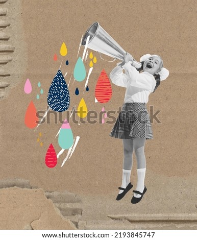 Conceptual art collage with cheerful school age girl shouting at megaphone isolated on grey paper effect background. Education, studying, back to school concept. Copy space for ad.