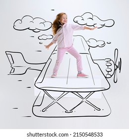 Conceptual artwork  Little girl flying drawn plane  Inspiration world for kids  Concept emotions  ideas  imagination  international children's day  Happy kid dreaming  studying  having fun