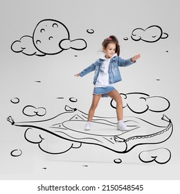 Conceptual artwork  Little girl flying drawn carpet  Inspiration world for kids  Concept emotions  ideas  imagination  international children's day  Happy kid dreaming  studying  having fun