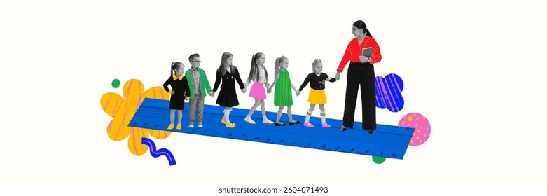 Obra de arte conceptual. Maestro que dirige la línea de estudiantes en la Regla gigante, que simboliza el camino académico, el sistema educativo, la guía del maestro. Concepto de rutina escolar, disciplina, Día del Conocimiento.