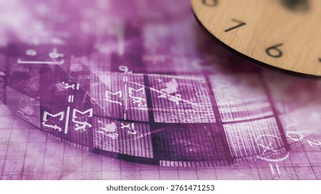 A conceptual background blending complex physics or math equations with a clock dial in a soft violet hue. Ideal for educational, scientific, or future-planning themes.