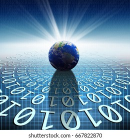 conceptual background image of binary code and world map. NASA furnished world map image layered and used