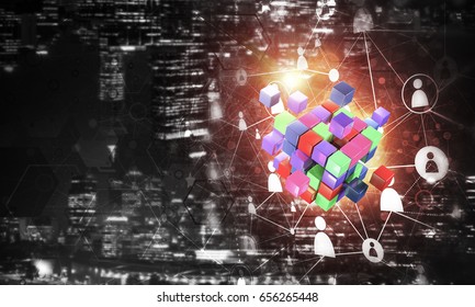 Conceptual background image with cube figure and social connection lines. 3d rendering