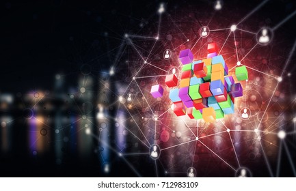 Conceptual background image with cube figure and social connection lines. Mixed media - Powered by Shutterstock - Get 15% off with code: PIKWIZARD15