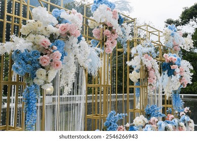 Conceptual of background wedding decoration. Inspirational with pastel flower colour and white chair.  Dinner. Family gathering decoration concept.  - Powered by Shutterstock - Get 15% off with code: PIKWIZARD15