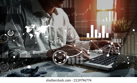 Conceptual business dashboard for financial data analysis . 3D render computer graphic . - Shutterstock ID 2119796774
