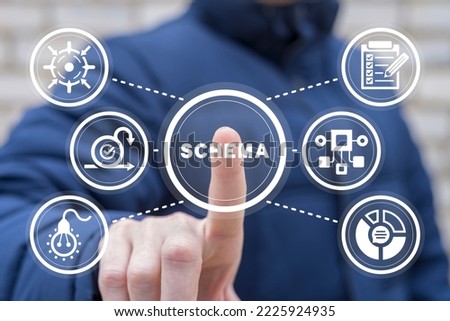 Conceptual business schema. Flowchart infographic, sequence of business process. Organization chart, strategy, plan, visualization.