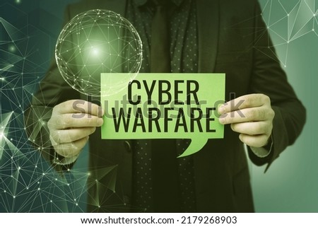 Conceptual caption Cyber Warfare. Conceptual photo Virtual War Hackers System Attacks Digital Thief Stalker Businessman in suit holding paper represents global innovative thinking.