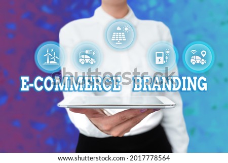 Conceptual caption E Commerce Branding. Word Written on establish an image of your company in ycustomers eyes Lady Uniform Standing Tablet Hand Presenting Virtual Modern Technology