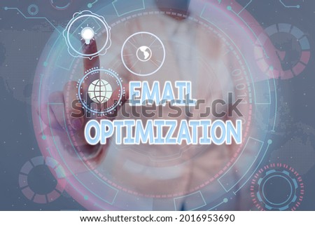 Conceptual caption Email Optimization. Word for email marketer to maximize the effectiveness of campaign Lady In Uniform Holding Tablet In Hand Virtually Tapping Futuristic Tech.