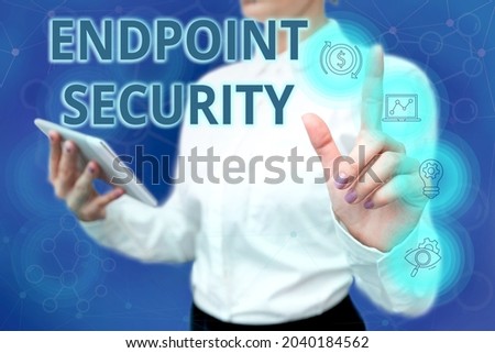 Conceptual caption Endpoint Security. Business showcase the methodology of protecting the corporate network Lady In Uniform Standing Hold Phone Virtual Press Button Futuristic Tech.