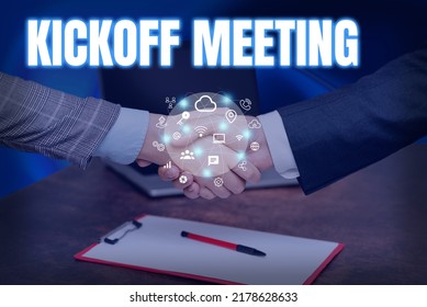 Conceptual Caption Kickoff Meeting. Business Concept Special Discussion On The Legalities Involved In The Project Hands Shaking Signing Contract Unlocking New Futuristic Technologies.