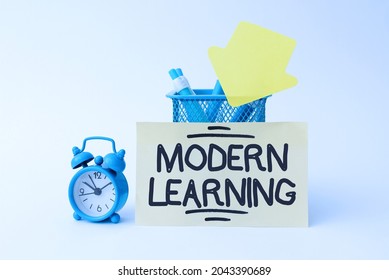 Conceptual Caption Modern Learning. Business Overview Flexible And Agile Setup Innovative Learning Environments Tidy Workspace Setup Writing Desk Tools And Equipment Time Management