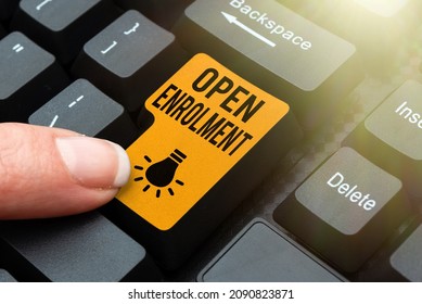 Conceptual Caption Open Enrolment. Conceptual Photo Allows The Application Of Health Insurance Within The Period Creating New Online Cookbook, Typing And Sharing Cooking Recipes