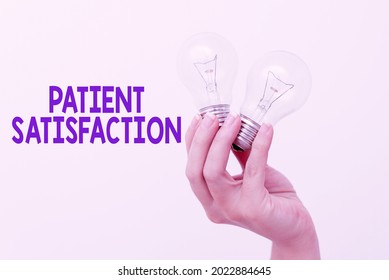 Conceptual Caption Patient Satisfaction. Business Concept Measure Of The Extent To Which A Patient Is Content Hand Holding Two Lamp Showing Or Presenting New Technology Ideas