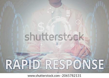 Conceptual caption Rapid Response. Concept meaning Medical emergency team Quick assistance during disaster Lady In Uniform Holding Tablet In Hand Virtually Tapping Futuristic Tech.