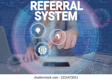 Conceptual Caption Referral System. Business Concept Sending Own Patient To Another Physician For Treatment Lady In Suit Pointing Finger Represents Global Innovative Thinking.
