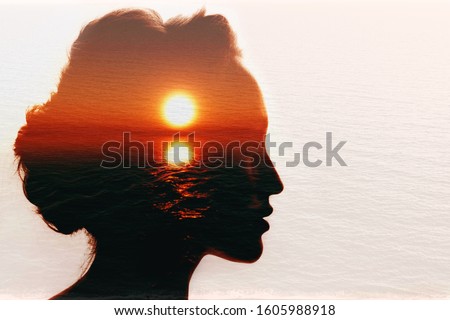 Conceptual codependency double exposure. Sunrise in the woman head.