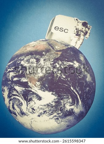 Conceptual collage art of an astronaut standing next to button esc on planet earth