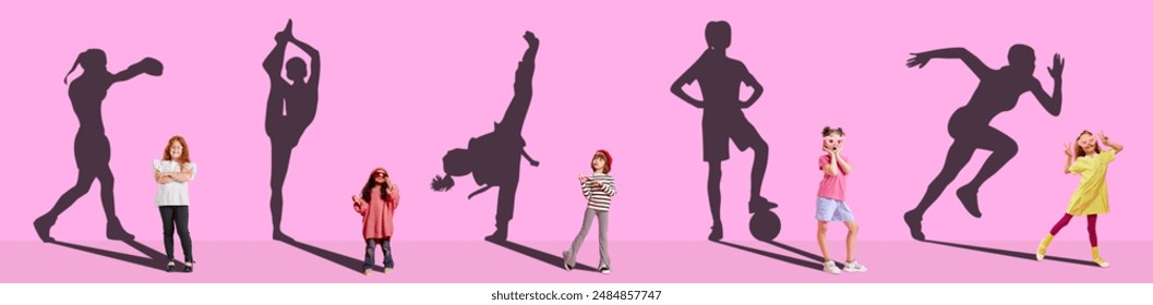 Conceptual collage. Beautiful little girls, kids dreaming of becoming famous sport athletes. Giant shadows, pink background. Concept of childhood, future, dreams, imagination, education - Powered by Shutterstock