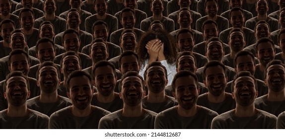 Conceptual Collage With Crowd Of Identical People With Same Emotions And One Different Young Girl, Difference And Diversity Concept. Stand Out From The Crowd. Woman Closing Her Eyes With Hands