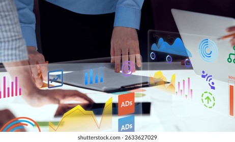 Conceptual collage. Hands interacting with vibrant holographic panels showing marketing stats, ad indicators and tech diagrams. Concept of business development, futuristic interface, global marketing