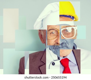 Conceptual collage image of one man with different professions