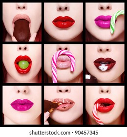 Conceptual collage with nine close-up images of colorful woman lips. Diet, fashion, make-up