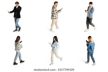 Conceptual collage with people walking and using different gadgets for work, education and communication. Isometric view. Concept of business, employment, freelance job, modern technologies, ad