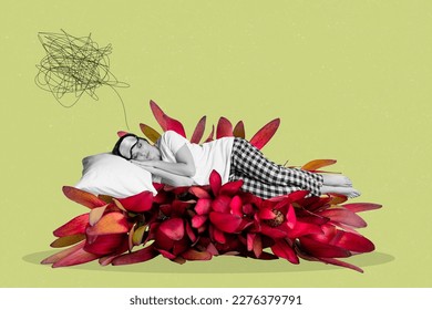 Conceptual collage photo girl sleeping bed made red flowers have anxiety dreams concerned something uncomfortable
