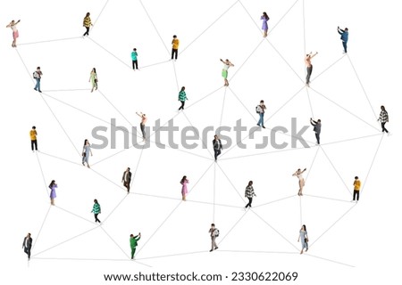Conceptual collage. Young people of different age and gender walking, using gadgets for business, communication, leisure isolated on white background. Isometric view. Concept of business, lifestyle