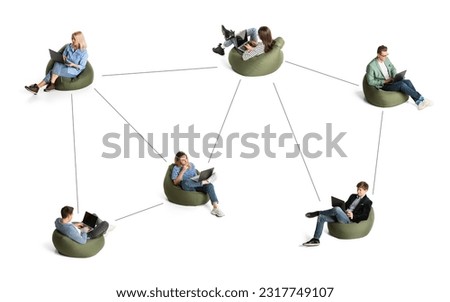 Conceptual collage. Young people, men and women connected by a line sitting and working with laptop. Online chat. Isometric view. Concept of business and education, communication, freelance job. Ad