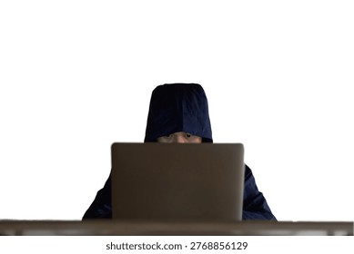 A conceptual composite portrait combining elements of physical and digital danger. It features an anonymous figure, wearing a dark hooded jacket, positioned behind an open laptop with intense, shadowed eyes visible. One hand rests on the laptop keyboard, while the other is firmly gripping the handle of a large, polished steel kitchen knife behind their back, partially concealed by the jacket. The scene is dimly lit on a simple table, creating a stark, moody, and treacherous atmosphere, representing a scammer with dual malicious intent.