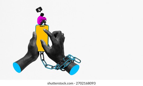 Conceptual composition of chained hands using smartphone with tiny lonely figure above. Concept of addiction, isolation, digital dependency, and struggle with tech control.