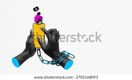 Conceptual composition of chained hands using smartphone with tiny lonely figure above. Concept of addiction, isolation, digital dependency, and struggle with tech control.