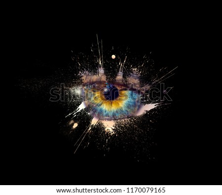 Conceptual creative photo of a female eye close-up in the form of splashes, explosion and dripping paint isolated on a black background. Female eye close-up with spray paint around.