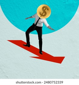 Conceptual design of a businessman balancing on a downward arrow, representing economic downturn, financial crisis and investment risk