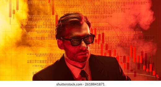 Conceptual design. Businessman in suit with market charts in sunglasses under binary data cloud, embodying digital collapse and economic contraction. Concept of economic crisis and depression, tariffs