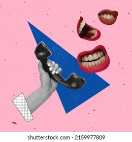 Conceptual design. Contemporary art collage. Female mouths talking around phone isolated over pink background. Saying rumors, gossips. Concept of disinformation, propaganda, influence, society. - Shutterstock ID 2159977809
