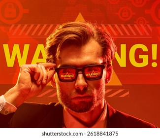 Conceptual design. Man in sunglasses reflecting word warning with glowing background, expressing urgency, collapse fear. Visual overlay. Concept of economic crisis and depression, hardship, tariffs.