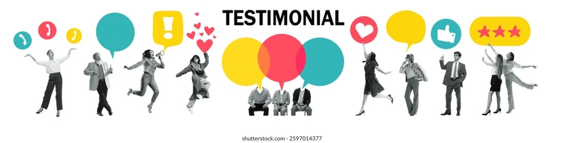 Conceptual design. Testimonials and customer feedback emphasizing brand credibility, engagement, and satisfaction. Representation of consumer trust Concept of business, marketing, client relationships