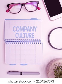 Conceptual Display Company Culture. Business Overview The Environment And Elements In Which Employees Work Office Supplies Over Desk With Keyboard And Glasses And Coffee Cup For Working